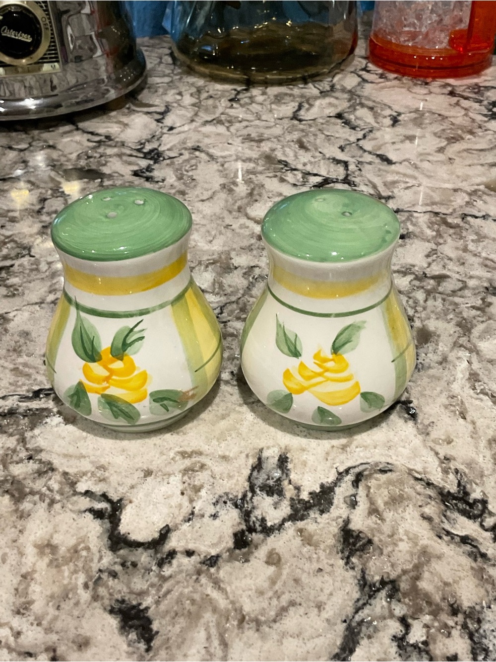 BP-Royal Norfolk Hand-Painted Yellow Floral Salt & Pepper Shakers with Green Top